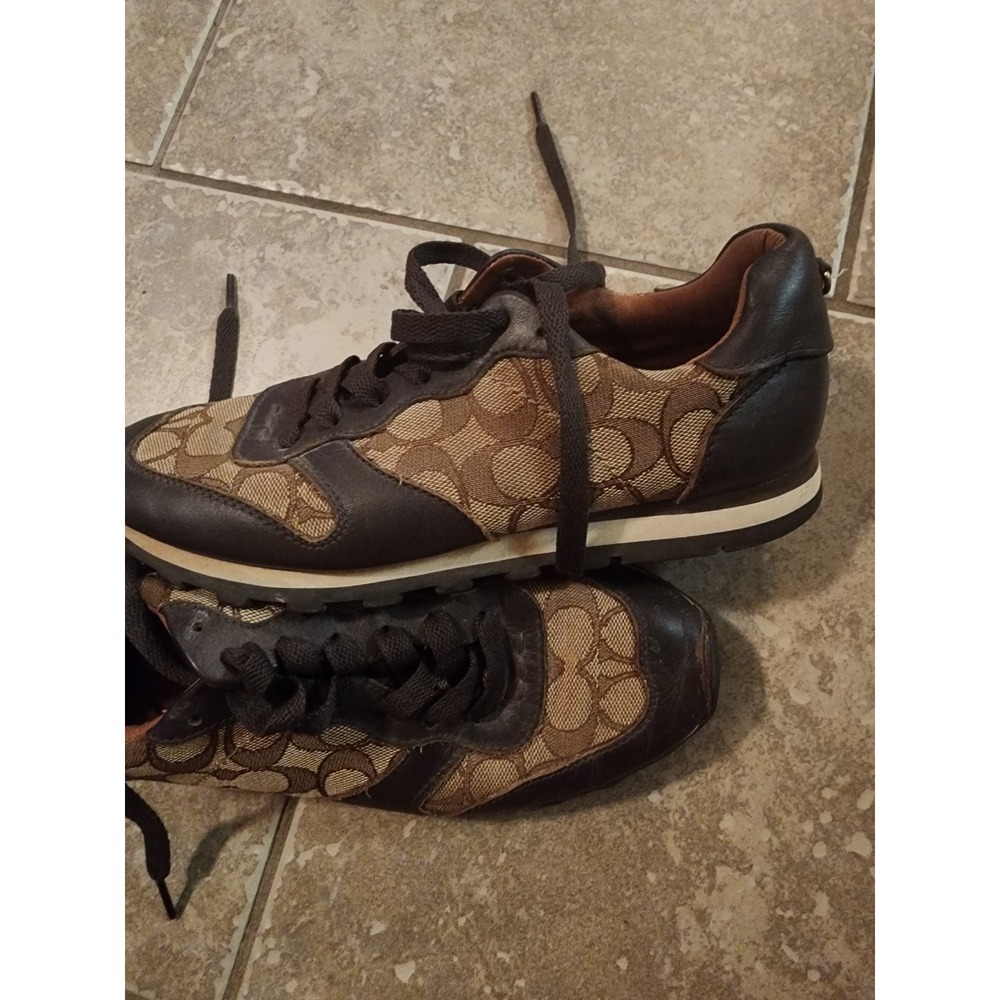 Coach Signature Monogram Leather Trim Sneakers Brown Khaki Low Top Shoes - Picture 3 of 6